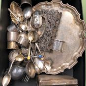 A HALLMARKED SILVER TRAY, HALLMARKED SILVER BERRY SPOONS, OTHER SILVER CUTLERY NAPKIN RINGS ETC.