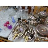 A QUANTITY OF SILVER PLATED WARES, CUT AND OTHER GLASS WARES.