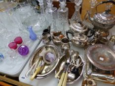 A QUANTITY OF SILVER PLATED WARES, CUT AND OTHER GLASS WARES.