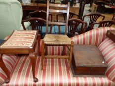 A MAHOGANY STOOL WITH CABRIOLE LEGS, A RUSH SEATED CHAIR AND A 19th C. OAK BIBLE BOX WITH SLOPING