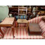 A MAHOGANY STOOL WITH CABRIOLE LEGS, A RUSH SEATED CHAIR AND A 19th C. OAK BIBLE BOX WITH SLOPING