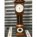 A ROSEWOOD MINIATURE LONG CASED TIMEPIECE, THERMOMETER AND ANEROID BAROMETER
