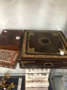 A 19th C. CHINESE LACQUER GAMES BOX, A GILT FRAME, A GEOMETRY SET AND A MIDDLE EASTERN PARQUETRY