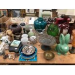 MIDDLE EASTERN CERAMICS, BONZO DOG FIGURES, A TIBETAN BRASS TAZZA, AN ARTS AND CRAFTS COPPER KETTLE,