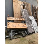 A WORK MATE, VARIOUS LADDERS, PINE DOORS ETC