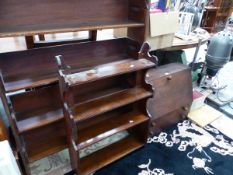 A MAHOGANY OPEN BOOKCASE. W 87 x D 20 x H 125cms. A MAHOGANY FOUR SHELF WALL UNIT TOGETHER WITH A