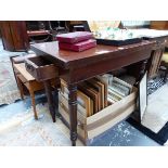 A 19th C. MAHOGANY TEA TABLE, THE RECTANGULAR TOP SWIVEL OPENING ABOVE A DRAWER AND BALUSTER