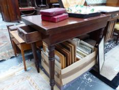 A 19th C. MAHOGANY TEA TABLE, THE RECTANGULAR TOP SWIVEL OPENING ABOVE A DRAWER AND BALUSTER