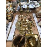 TWO PAIRS OF BRASS CANDLESTICKS, AN 18th C. MORTAR AND PESTLE OTHER BRASS WARES TO INCLUDE A PAIR OF