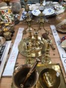 TWO PAIRS OF BRASS CANDLESTICKS, AN 18th C. MORTAR AND PESTLE OTHER BRASS WARES TO INCLUDE A PAIR OF