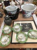 TWO PORCELAIN PLANTERS, A BRASS JAM PAN, FIVE GROSVENOR TEA CUPS, A BEECHAMS ADVERT, A