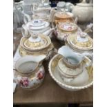 FIVE VICTORIAN TEA POTS TOGETHER WITH TWO JUGS, A BOWL AND A COVERED SUGAR