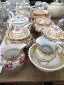 FIVE VICTORIAN TEA POTS TOGETHER WITH TWO JUGS, A BOWL AND A COVERED SUGAR