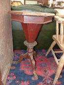 A VICTORIAN MARQUETRIED ROSE WOOD WORK TABLE, THE OCTAGONAL HINGED LID INLAID WITH A CHESS BOARD AND