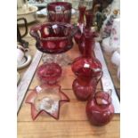 A COLLECTION OF CRANBERRY GLASS WARES, TO INCLUDE A PAIR OF MARY GREGORY VASES