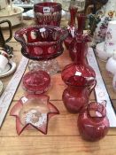 A COLLECTION OF CRANBERRY GLASS WARES, TO INCLUDE A PAIR OF MARY GREGORY VASES