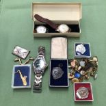 A STERLING SILVER DOUBLE STAMP CASE, VINTAGE AND LATER WRISTWATCHES, CUFFLINK'S, SHIRT STUDS,