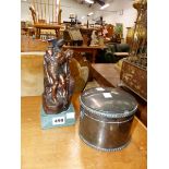 A SMALL STATUETTE CLASSICAL FIGURE AND A SILVER PLATED BISCUIT BOX.