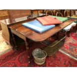 A 19th C. MAHOGANY DROP FLAP TABLE WITH A DRAWER TO ONE END ON TURNED CYLINDRICAL LEGS TAPERING TO