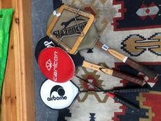 TWO VINTAGE TENNIS RACKETS, TWO SQUASH RACKETS AND AN ASTON MARTIN KITE