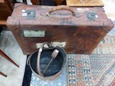 A LEATHER SUITCASE, COPPER COAL SCUTTLE AND IRON TONGS