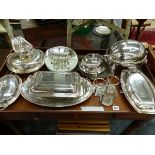 AN ELECTROPLATE CHAFING DISH, VEGETABLE TUREENS, AN ASPARAGUS DISH, A MUFFIN DISH, ETC.