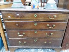 A 19th C. OAK CHEST OF FOUR GRADED DRAWERS ON BRACKET FEET. W 96 x D 54 x H 77cms.