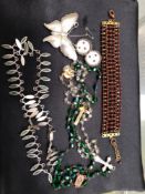 A MEXICAN SILVER STONE SET COLLAR NECKLACE TWO ROSARY NECKLACES A SILVER BUTTERFLY BROOCH ETC