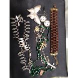 A MEXICAN SILVER STONE SET COLLAR NECKLACE TWO ROSARY NECKLACES A SILVER BUTTERFLY BROOCH ETC