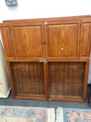 A 20th C. TEAK SHALLOW CABINET WITH TWO PANELLED DOORS AABOVE TWO GLAZED DOORS. W 122 x D 8 x H