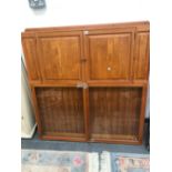 A 20th C. TEAK SHALLOW CABINET WITH TWO PANELLED DOORS AABOVE TWO GLAZED DOORS. W 122 x D 8 x H