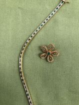 A 14ct GOLD EMERALD AND DIAMOND LINE BRACELET TOGETHER WITH A 9ct GOLD EMERALD AND SEED PEARL BROOCH