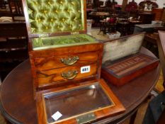 A VICTORIAN WALNUT JEWELLERY BOX AND A ROBERSON PAINT BOX.