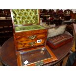 A VICTORIAN WALNUT JEWELLERY BOX AND A ROBERSON PAINT BOX.