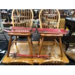 A PINE KITCHEN TABLE TOGETHER WITH FOUR CHAIRS, A PAIR OF CHILDS SKIS AND SKI STICKS. H 76cms W