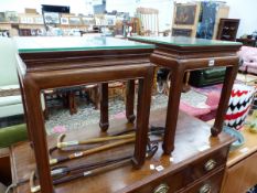 A PAIR OF CHINESE HARDWOOD TABLES, THE SQUARE SECTIONED LEGS ON INWARD SCROLLING FEET. W 40.5 x D