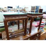 A PAIR OF CHINESE HARDWOOD TABLES, THE SQUARE SECTIONED LEGS ON INWARD SCROLLING FEET. W 40.5 x D