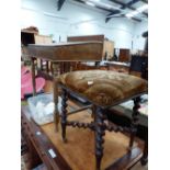 A VICTORIAN MAHOGANY STOOL WITH BARLEY TWIST LEGS ON CERAMIC CASTER FEET TOGETHER WITH A STAINED