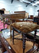 A VICTORIAN MAHOGANY STOOL WITH BARLEY TWIST LEGS ON CERAMIC CASTER FEET TOGETHER WITH A STAINED