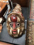 A LATE 19th C. CHOKROBA, BURKINO FASO MASK AND HEADRESS, THE RED FACE WITH WHITE FANGS, THE BACK