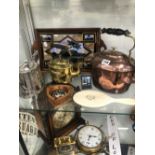 COPPER, BRASS AND ELECTROPLATE KETTLES, A MORPH BUTTERFLY DECORATED TRAY, AN IVORY HAND MIRROR,