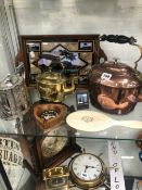 COPPER, BRASS AND ELECTROPLATE KETTLES, A MORPH BUTTERFLY DECORATED TRAY, AN IVORY HAND MIRROR,