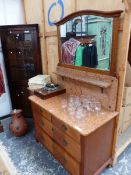 A 19th C. MAHOGANY DRESSING CHEST, THE MIRROR BACK ABOVE A MOTTLED RED MARBLE SHELF AND TOP, TWO