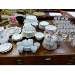 A QUANTITY OF VARIOUS CUT GLASS, CROWN STAFFORDSHIRE AND OTHER TEA WARES ETC.