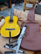 TWO VINTAGE GUITARS, AND A GUITAR STAND.