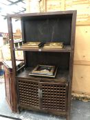 A CHINESE HARDWOOD CABINET OF TWO OPEN SHELVES OVER TWO TRELLISED CUPBOARD DOORS AND BRACKET FEET. W