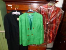 A ROLAND KLEIN VELVET LADIES JACKET, A HARTNELL GREEN JACKET, AND A FURTHER HARTNELL BLUE OVERCOAT