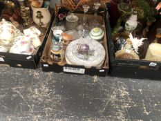 A PAIR OF VICTORIAN BRASS CANDLESTICKS, TEA WARES, FIGURES, DRESSING TABLE GLASS, WHITE DINNER