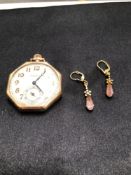 A VINTAGE WALTHAM OPEN FACE POCKET WATCH AND A PAIR OF GOLD AND STONE SET DROP EARRINGS