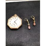 A VINTAGE WALTHAM OPEN FACE POCKET WATCH AND A PAIR OF GOLD AND STONE SET DROP EARRINGS